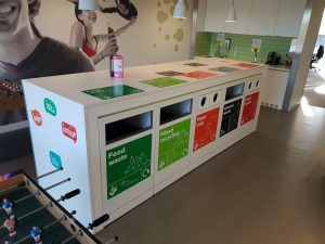 bespoke recycling bin station with colourful signage