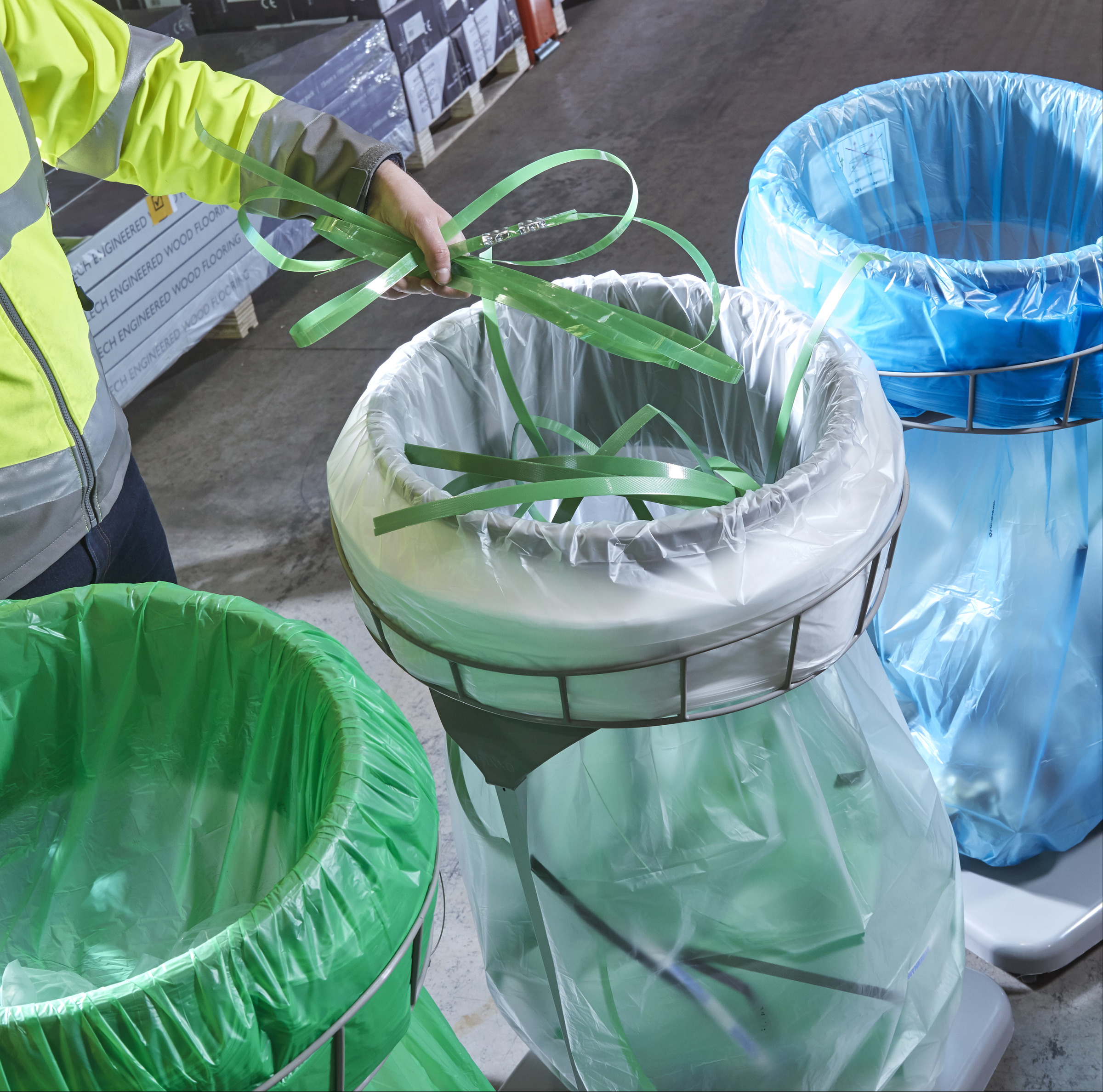 longopac maxi bins to reduce plastic waste in a warehouse