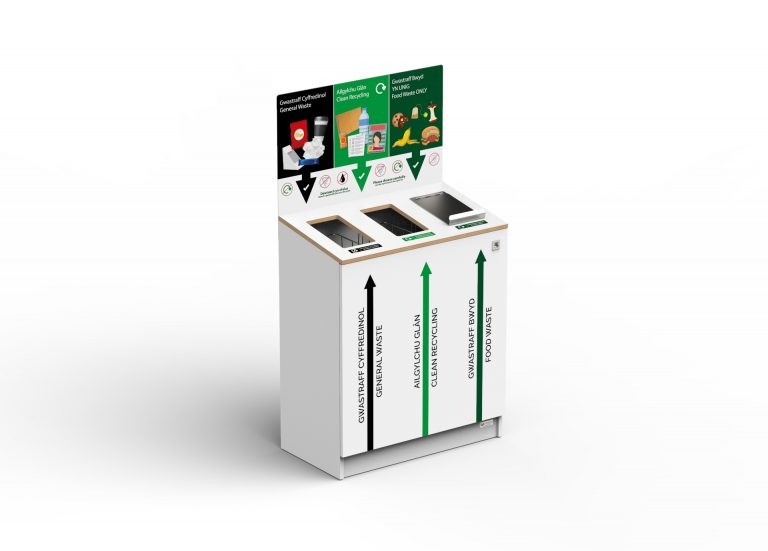 multi bin recycling bin station with clear signage for university