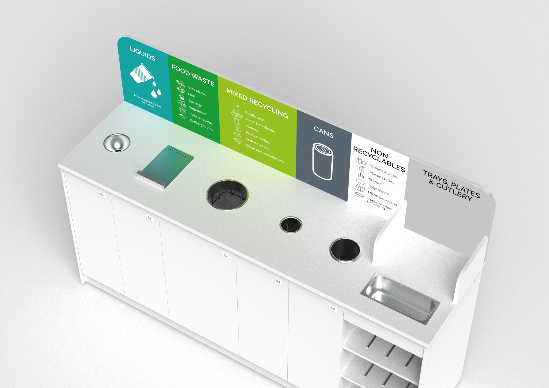 internal office recycling bin with liquid waste chute