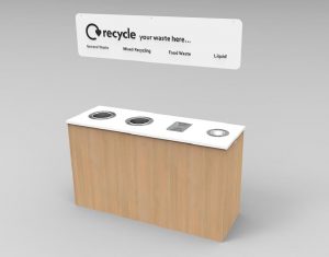 bespoke recycling bin station with floating graphics sign