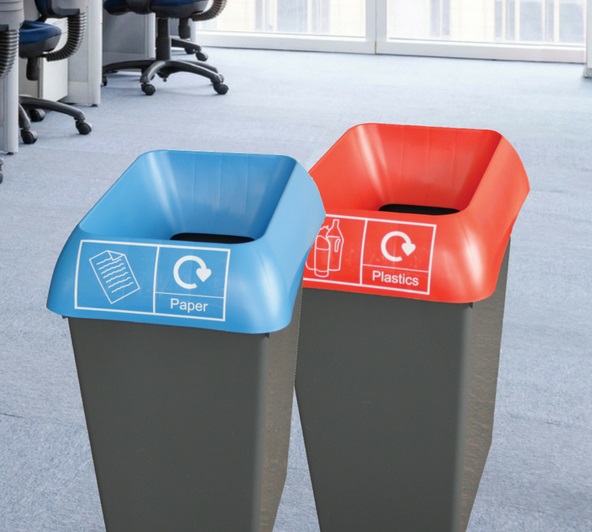 simple colour coded office recycling bins with clear signage
