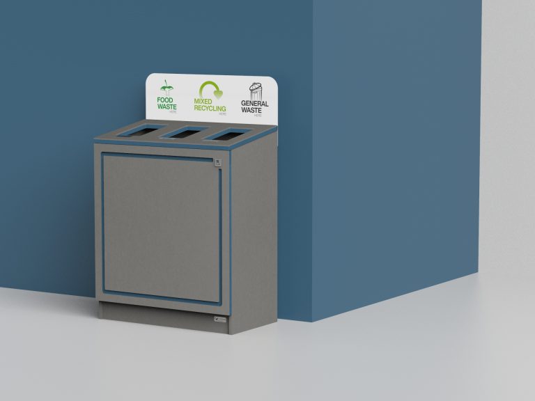 stylish 3 compartment office bin with food waste mixed recycling and general waste streams
