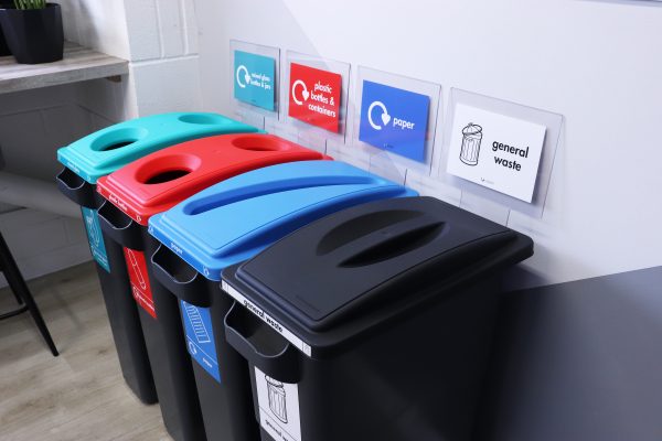 durable plastic office recycling bins with lift up lid