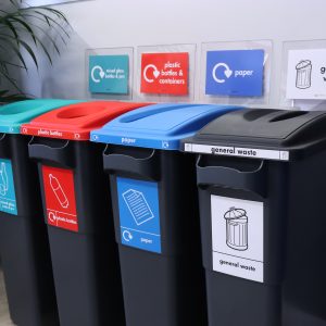 cheap modern black office recycling bins with coloured signage