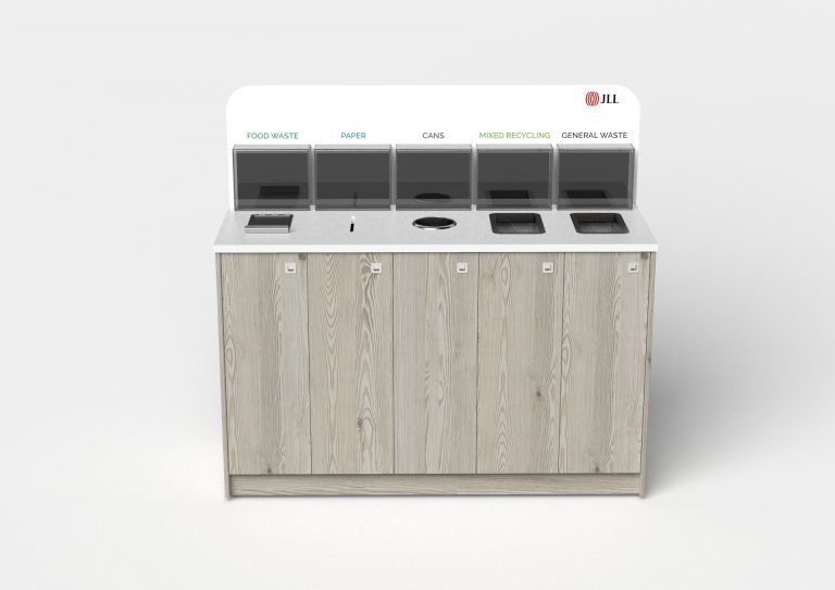 modern grey wood recycling bin with perspex display boxes