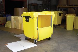 yellow 1100 litre wheelie bin with drop side open front