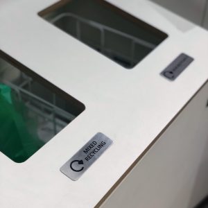 Metal badge recycling bin labels