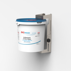 wall mounted wipe holder, stainless steel for holding tubs or buckets of sanitiser wipes