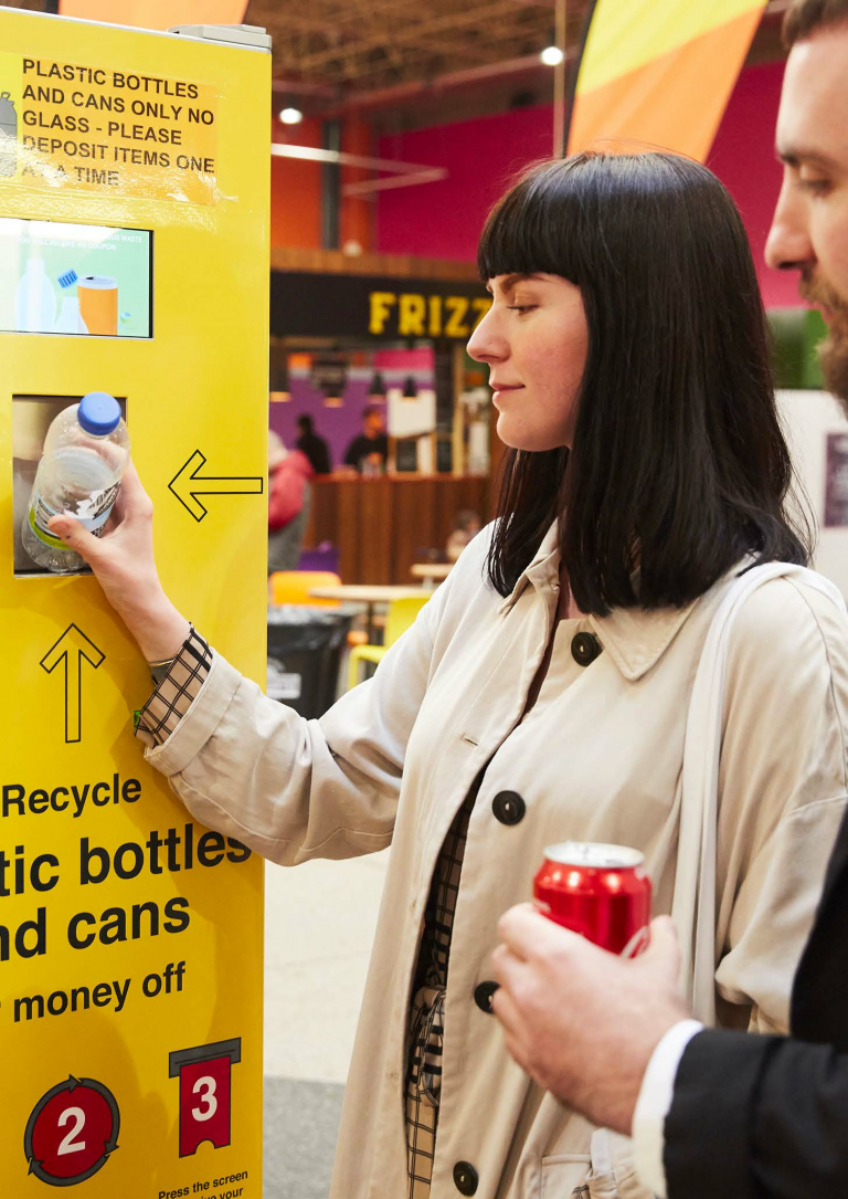 cafe crush reverse vending machine for recycling bottles, cans and coffee cups
