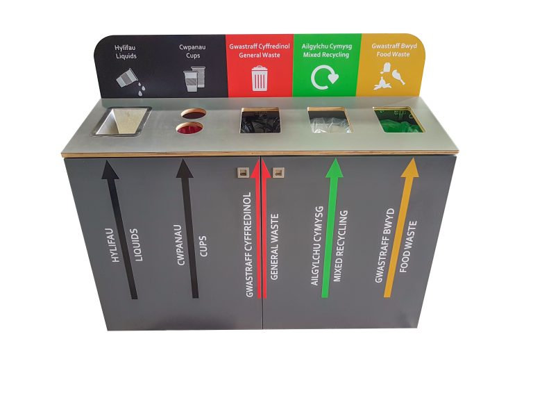 grey 5 compartment recycling bin for schools and universities with clear and colourful signage