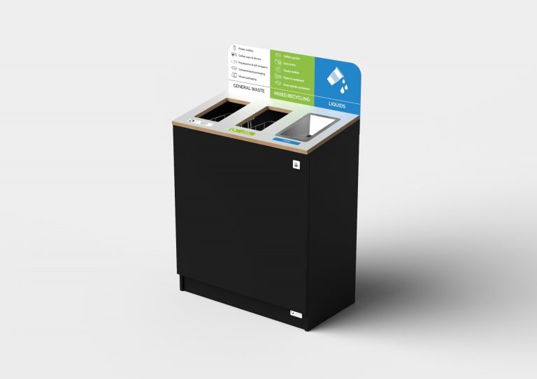 recycling bin station with liquids compartment