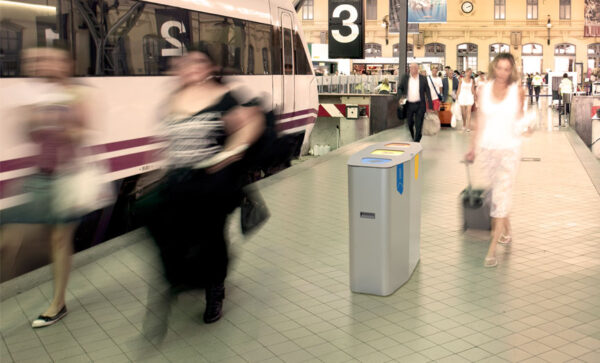 indoor and outdoor multi compartment recycling bins for train stations and airports and schools